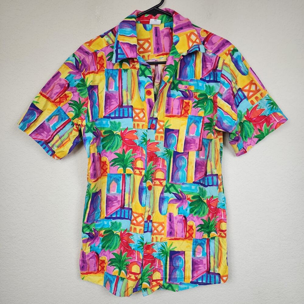 Small Multicolor Vibrant Tropical Button Tee - image 1